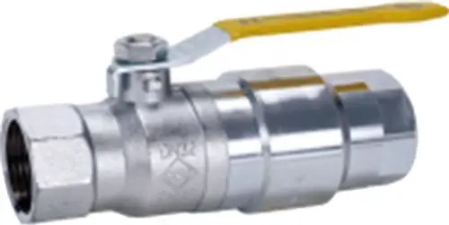 Gas-Kugelhahn mit einem Hebel zum Öffnen und Schließen, aus verchromtem Metall. Teil des Installationszubehörs von Bosch. Geeignet für Gasleitungen.